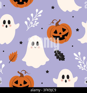 Modello senza cuciture di Halloween con fantasmi carini e zucche. Illustrazione Vettoriale