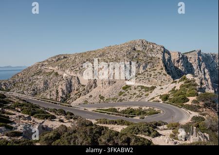 Strada di montagna tortuosa attraverso un paesaggio roccioso a Cap Formentor a Maiorca, Spagna, con il Mar Mediterraneo e un cielo blu limpido Foto Stock