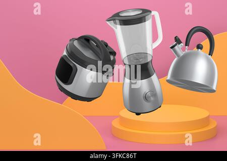 Set di elettrodomestici da cucina, tra cui un fornello a pressione, un frullatore e un bollitore che galleggia sul podio su sfondo astratto Foto Stock