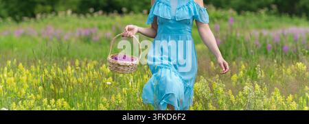 Donna in abito a pois blu che cammina attraverso un prato di fiori selvatici tenendo un cesto di vimini pieno di fiori viola. Fiori selvatici gialli e viola vivaci Foto Stock