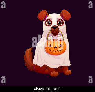 Cane cartonato, gioioso gioco arcade di Halloween e spaventoso personaggio da festa di vacanza con costume da fantasma e secchio di zucca con ossa. Vettore isolato Illustrazione Vettoriale