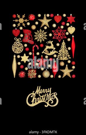 Insegna di Buon Natale con decorazioni scintillanti a forma di albero di Natale rosso e oro su sfondo nero. Raccolta di simboli natalizi decorativi, biglietto di auguri. Foto Stock