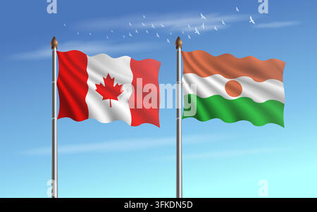 Relazione tra le bandiere del Canada e del Niger con sfondo cielo Illustrazione Vettoriale