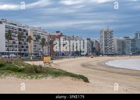 Una vasta prospettiva diurna di Playa de Los Pocitos a Montevideo, Uruguay. La sabbia dorata incontra le dolci onde dell'oceano mentre una fila impressionante di moderna h Foto Stock