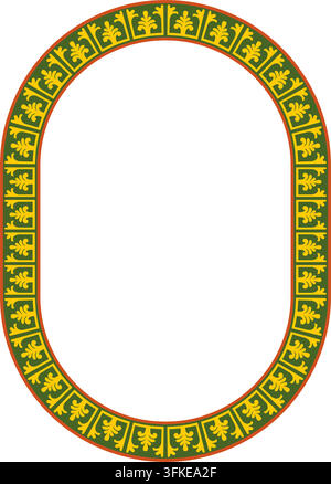 Ornamento bizantino classico ovale colorato vettoriale. Cerchio, anello, bordo, antica Grecia, cornice dell'Impero Romano d'Oriente. Decorazione della C ortodossa russa Illustrazione Vettoriale