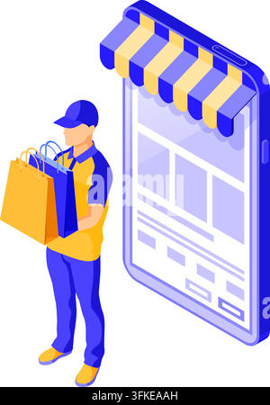 Concetto isometrico di shopping online, consegna, logistica. acquistare online tramite smartphone con borsa, merci di consegna. addetto alla consegna con borse. vettore isolato il Illustrazione Vettoriale