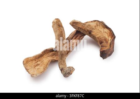 Fette di funghi Porcini essiccati (Boletus Edulis) isolate su sfondo bianco. Close-up di studio di ingredienti per una cucina gourmet salutare. Foto Stock