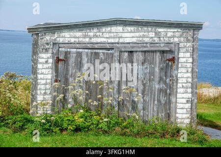Area di conservazione di Peggy's Cove Halifax Nova Scotia Canada, capanno stagionato, edificio in legno, scandole bianche, vernice sbucciata, porte doppie, cardini arrugginiti, fl Foto Stock