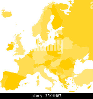 Mappa vuota dell'Europa. Illustrazione vettoriale in tonalità di giallo su sfondo bianco. Illustrazione Vettoriale