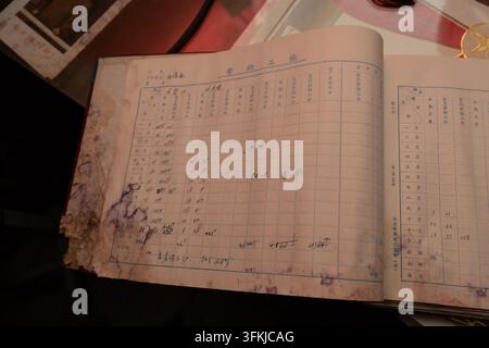 Prima di un vecchio registro aperto dei punti di lavoro del passato Foto Stock