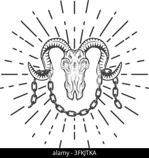 Teschio di pecora con catene sulle corna elemento vettoriale concetto modello di design web Illustrazione Vettoriale