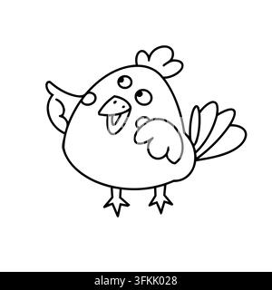 Contorno di cartone animato di pollo vettore isolato. Personaggio carino di uccello domestico in piedi pagina da colorare felice. Libro di attività per bambini gioco educativo di fattoria asilo Illustrazione Vettoriale