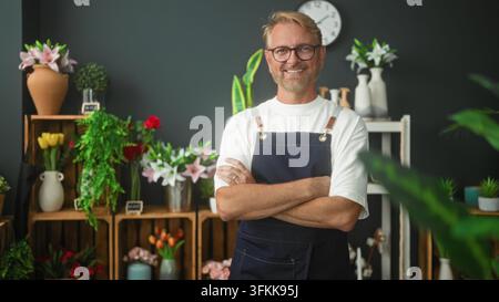 Fiorista biondo con grembiule, braccia incrociate, tiene una rosa rossa tra vasi, tulipani, piante in vaso e un orologio su uno scaffale in studio; sicurezza. Foto Stock