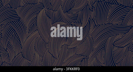 Modello astratto Art Deco senza cuciture di lusso con linee dorate eleganti, foglie, onde e ornamenti geometrici. Texture giapponese, disegno lineare fantasioso Illustrazione Vettoriale
