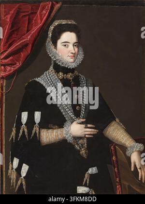 Ritratto di una Signora, 1585. Donna con un copricapo ornato, un delicato colletto di pizzo, così alto da coprire praticamente l'intero orecchio, e collane di perle. Tra i suoi gioielli, uno si distingue sopra tutti gli altri: l'enorme rubino pendente dal suo collo, una pietra irregolare a forma di pera adornata con piccoli smeraldi che formano uno stelo con tre foglie – un pezzo unico nella gioielleria rinascimentale. Molto probabilmente evoca un frutto della terra, forse un piccolo pepe, considerando il periodo dell'anno, un elemento di grande esotismo arrivato in Spagna dalle Americhe, servendo persino come pianta ornamentale in molte parti d'Europa Foto Stock