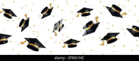 Modello di laurea senza cuciture con cappelli da laurea fluttuanti e confetti dorati su sfondo bianco design vettoriale Illustrazione Vettoriale