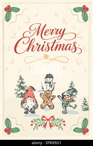 Biglietto di Natale con elfo nano di pan di zenzero e pupazzo di neve Illustrazione Vettoriale