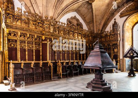 MAGNIFICI banchi del coro decorati in oro, cadeiral manuelino con ornamenti della navigazione portoghese e dell'impero, il monastero di Santa Cruz è uno Foto Stock