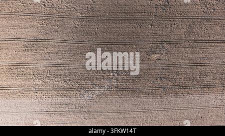 Vista aerea di un campo di grano dorato con tracce visibili di trattore e texture nella Repubblica Ceca. Foto Stock
