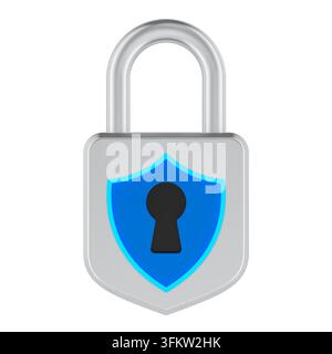 Lucchetto con scudo di sicurezza blu. Rendering 3D isolato su sfondo bianco - Fotomontaggio Foto Stock