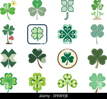 Un set di illustrazioni botaniche verdi con vari design di trifogli e cloè in diverse forme, stili e motivi decorativi Illustrazione Vettoriale