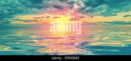 Un tramonto o alba mozzafiato con colori vivaci riflessi su un oceano calmo, circondato da nuvole drammatiche Foto Stock