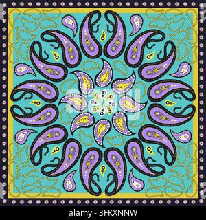 Disegno colorato e intricato di sciarpa o bandana viola e blu turchese con motivo mandala Paisley Illustrazione Vettoriale