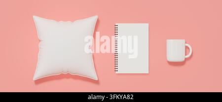 Mockup di cuscino bianco, quaderno a spirale e tazza su sfondo rosa, rendering 3D. Foto Stock