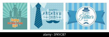 Padre e figlio super eroe Buon Festa del Papà. Poster per la Festa del Papà cravatta e scatola regalo. Festa del Papà con cappello e baffi su sfondo blu. Set piatto ve Illustrazione Vettoriale