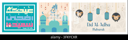 Calligrafia carina per l'Eid al-Adha. Al-Hajj o Eid Al Adha Mubarak con calligrafia araba creativa e moschea di Medina. Sfondo Eid Al Adha. Set vettoriale piatto Illustrazione Vettoriale