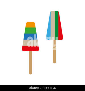 Un'illustrazione vettoriale vivace presenta una serie di ghiaccioli a strisce colorate su bastoncini di legno, evocando un delizioso rinfresco estivo e dolci prelibatezze. EP Illustrazione Vettoriale