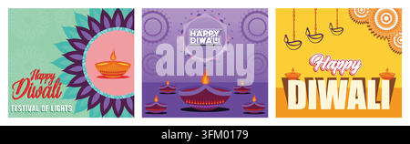 Buon Diwali. Sfondo con elementi floreali Diwali e mandala. Celebrazione felice del festival Diwali con lampada decorativa. Buon Diwali con lampada a olio. Set f Illustrazione Vettoriale