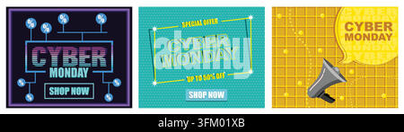 Cyber Monday, Acquista ora. Cartellone con sconto fino al 50 percento, scritte cyber monday e targhetta di vendita. Insegna di prezzo per offerta speciale. Set vettoriale piatto moder Illustrazione Vettoriale
