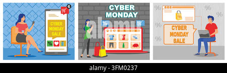 Cyber Monday. Grande vendita stagionale e sconto per lo shopping online. Cyber Monday isometrico. Acquista il Black Friday e il Cyber Monday. Modello vettoriale piatto Illustrazione Vettoriale
