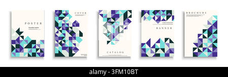 Collezione di poster a colori vivaci con stampa mosaico decorativa geometrica astratta. Placardi moderni vettoriali, brochure, banner, sfondi, biglietti Illustrazione Vettoriale
