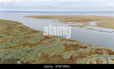 Vista aerea della riserva naturale di Saeftinghe, che mostra paludi di marea che incontrano l'estuario della Schelda con chiatte che navigano sul corso d'acqua Foto Stock
