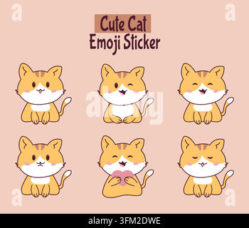 Collezione di adesivi emoji gatto tigrato arancione carini con sei personaggi adorabili con diverse espressioni facciali e pose, tra cui felice, ammiccante Illustrazione Vettoriale