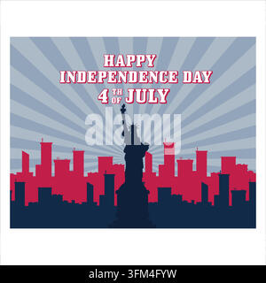 Modello di sfondo per banner del giorno dell'indipendenza americana del 4 luglio con icone di elementi degli Stati Uniti, Statua della Libertà ecc. illustrazione vettoriale piatta moderna Illustrazione Vettoriale