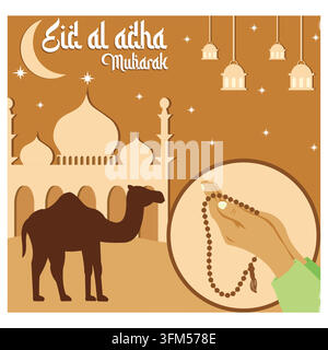 Design Eid al adha Ramadan con mano in preghiera, moschea, lanterna e cammello. Illustrazione moderna vettoriale piatta Illustrazione Vettoriale