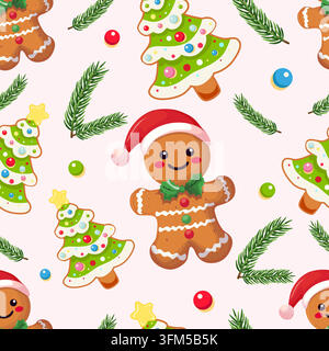 Modello natalizio senza cuciture con un simpatico omino di pan di zenzero, un albero di Natale di pan di zenzero decorato e rami di abete verdi, con perline di caramelle su un Illustrazione Vettoriale