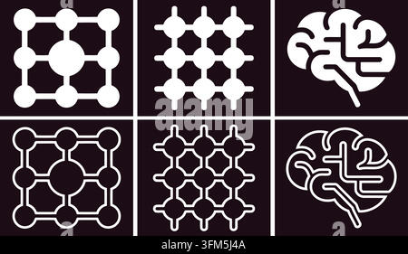 Collezione di simboli digitali di mente e nodi di connettività in linea e bianco solido per presentazioni tecnologiche. Illustrazione Vettoriale