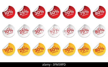 Set di etichette e targhette rosse, bianche e gialle per sconti. Etichetta regalo rotonda in carta. Offerta speciale, vendita, sconto, negozio, Black Friday. Illustrazione Vettoriale