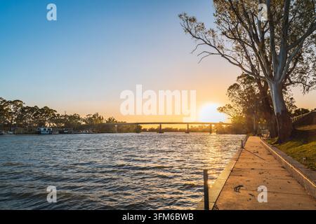 Vista dalla riva nord del fiume Murray a Berri, Australia Meridionale, con il ponte di Bookpurnong e le chiatte ormeggiate lungo la riva opposta durante il tramonto Foto Stock