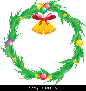 Corona di Natale con palline colorate, stelle e campanelle, elementi decorativi vettoriali Illustrazione Vettoriale