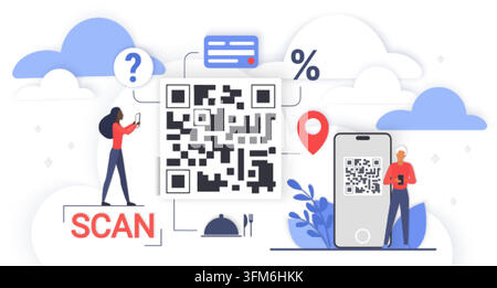 Concetto moderno di nuvola con codice QR con scansione tramite smartphone, pagamento, sconto, icone di localizzazione e servizi, accesso digitale e interazione mobile isolato su sfondo bianco, illustrazione vettoriale Illustrazione Vettoriale