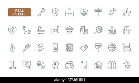 Concetto di servizi immobiliari con simboli per la ricerca di casa, affitto, vendita, mutuo, trasloco e ristrutturazione per edilizia residenziale e branding dell'agenzia, set di icone a linea nera, illustrazione vettoriale Illustrazione Vettoriale