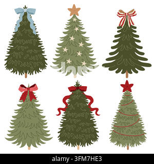Albero di Natale e abete disegnati a mano e decorati con fiocchi e nastri festosi e stelle per packaging e biglietti delle festività invernali Illustrazione Vettoriale
