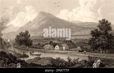 Un'incisione del canale di Ellesmere mentre attraversa la Vale of Llangollen, nel Galles, che mostra l'acquedotto di Pontcysyllte. Progettato dall'ingegnere civile scozzese Thomas Telford (1757-1834) e aperto nel 1805, l'acquedotto è una straordinaria impresa di ingegneria georgiana e oggi è un sito del patrimonio mondiale dell'UNESCO. La scena raffigura un narrowboat sul canale in primo piano con l'alta struttura a più archi dell'acquedotto visibile in secondo piano. c.1800. Foto Stock
