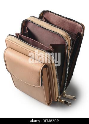 portafoglio in pelle beige aperto isolato su sfondo bianco, più scomparti con cerniera e interno in tessuto marrone, piccola borsa in primo piano vista dall'alto Foto Stock