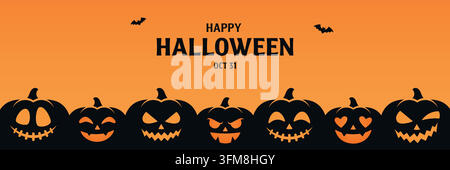 Banner di Buon Halloween con zucche nere e pipistrelli. Concetto di banner per eventi di Halloween. Illustrazione Vettoriale